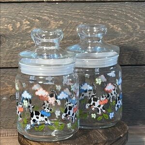 VINTAGE SET OF 2 Charming Cow Print Glass Cookie Snack Jars 7x5" Airtight Seal
